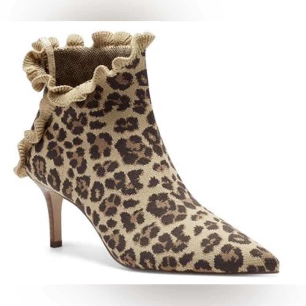 Sole Society Darinah Leopard Ruffle Sweater Sock Pull-On Ankle Bootie Size 8.5